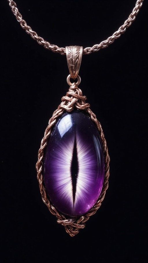 A close-up of a necklace with an oval purple stone featuring a vertical slit pupil, set in copper wire wrapping against a black background.