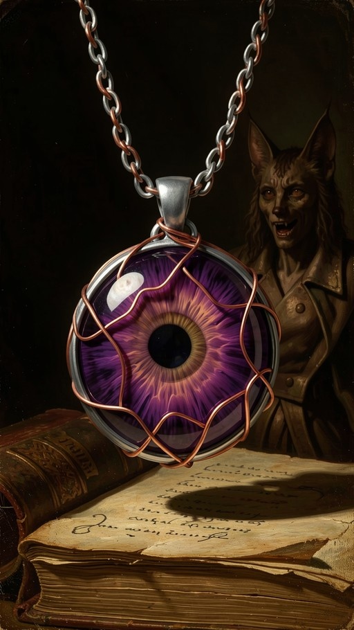 A mystical purple eye pendant wrapped in copper wire hangs above an open book with a werewolf character in the background.