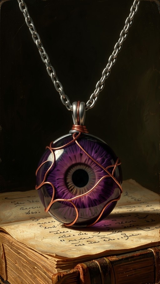 A large purple eyeball pendant wrapped in copper wire hangs from a silver chain over an open book.
