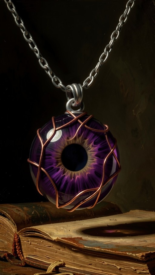A close-up of a purple eye pendant wrapped in copper wire hanging from a silver chain above an ancient open book with yellowed pages.