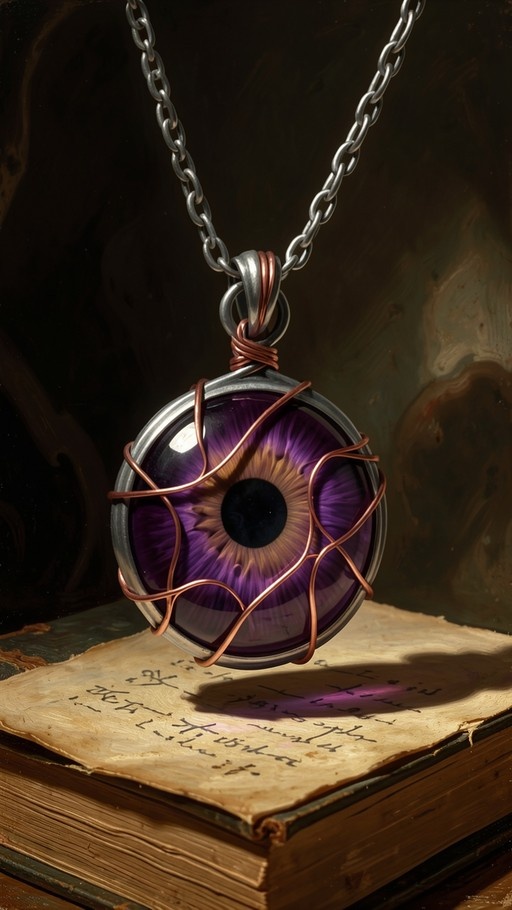 A close-up of a large purple eye pendant on a silver chain hanging over an open old book with handwritten text.