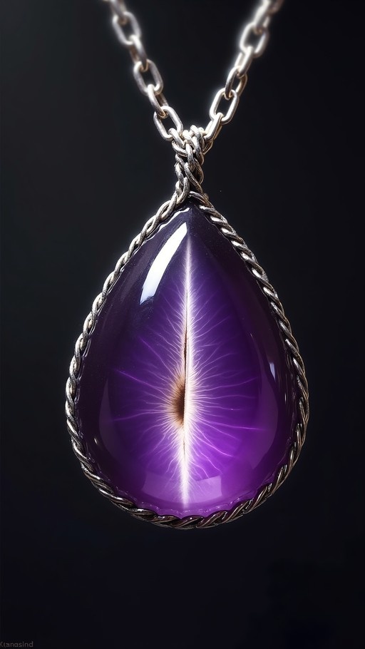 A large purple teardrop gemstone with a bright vertical cat's eye light streak, set in twisted silver wire and suspended from a chain against a black background.