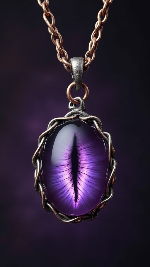 A close-up digital illustration of a fantasy necklace featuring an oval pendant with a realistic purple eye and vertical slit pupil set in twisted metal against a dark background.