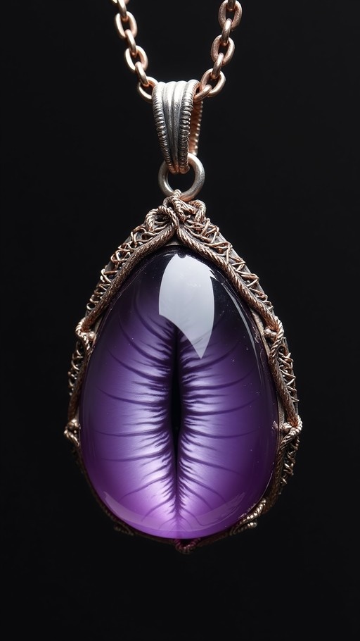 A glossy purple pendant resembling lips hangs from a silver and copper chain against a black background.