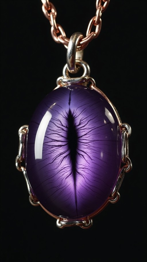 A close-up of a large oval purple pendant with a vertical slit pupil resembling an animal's eye, set in mixed metalwork against a black background.