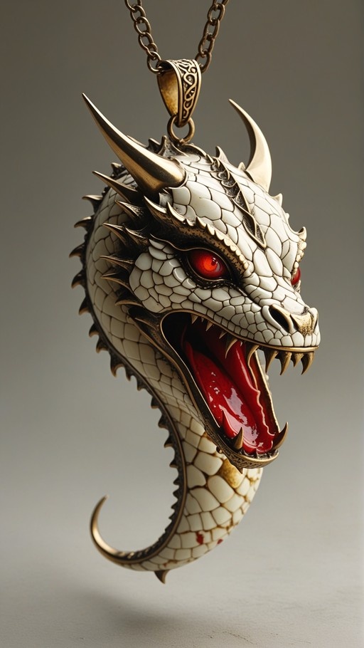 A detailed white dragon head pendant with gold horns and red eyes hanging from a metal chain against a grey background.