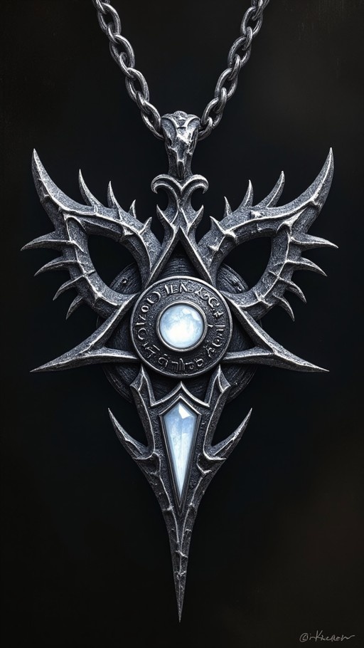 A close-up of a dark fantasy pendant featuring spiky wings, a central glowing orb with runes, and a sharp blade-like bottom section on a metal chain against a black background.