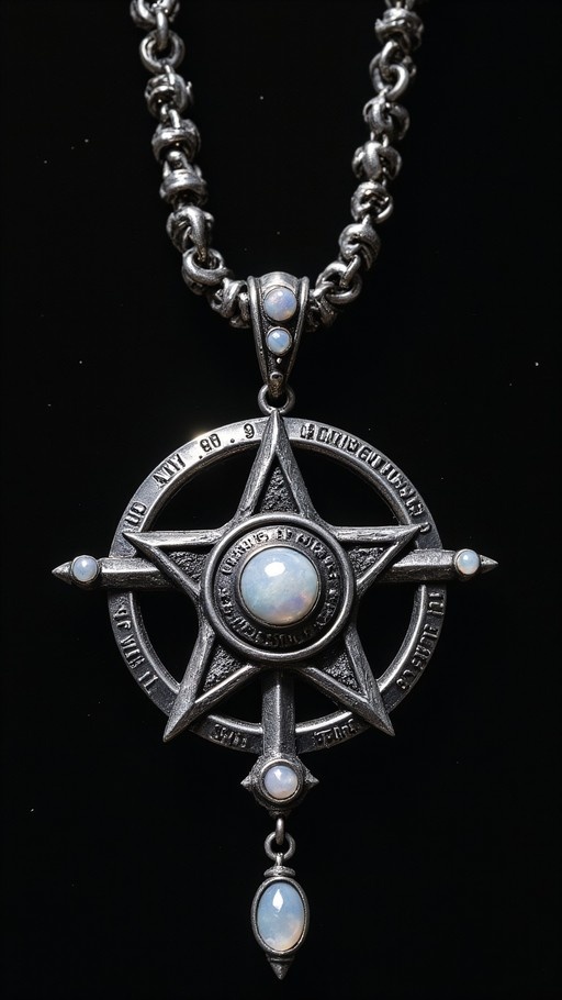 A silver hexagram pendant necklace featuring a central moonstone and engraved details against a black background.