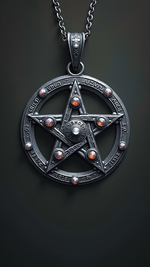 A detailed dark metal pentagram pendant hanging from a chain, featuring orange gemstones at the points and runic inscriptions on a black background.