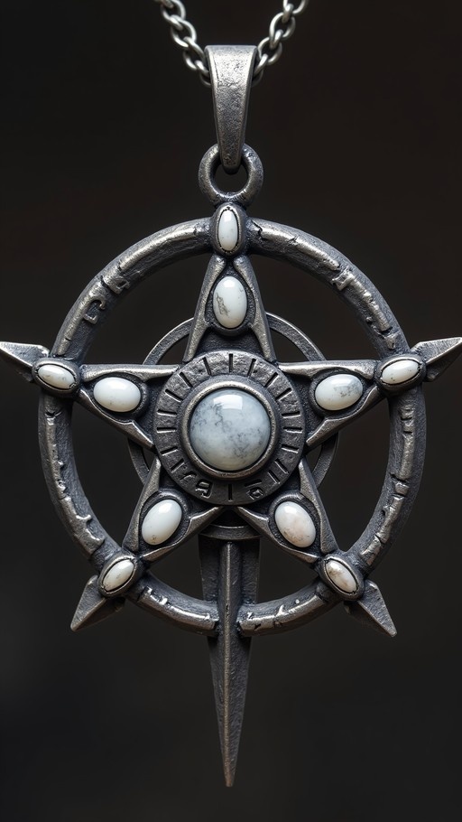 Close-up of a silver pentagram pendant with white stones and a central marbled gem on a chain