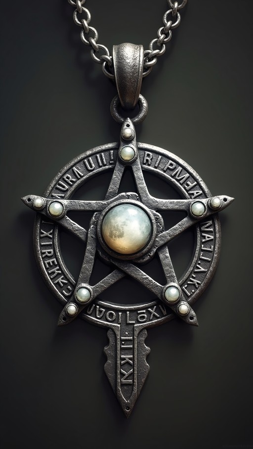 A close-up of a detailed silver pentagram pendant with a central pale gemstone and runic inscriptions against a black background.