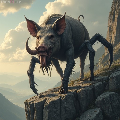 A large pig-headed monster with long tongue and spider-like legs standing on a rocky mountain cliff.