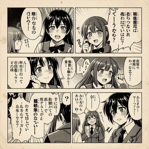 A black and white comic strip showing Sonoda Umi and other anime girls in school uniforms talking, with one blushing and another pointing her finger, surrounded by Japanese speech bubbles.