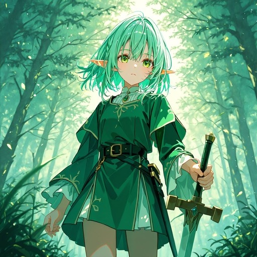 A young elf girl with short green hair and pointed ears stands in a sunlit forest holding a sword. She wears a green tunic with gold accents and looks directly at the viewer while surrounded by trees and falling leaves.