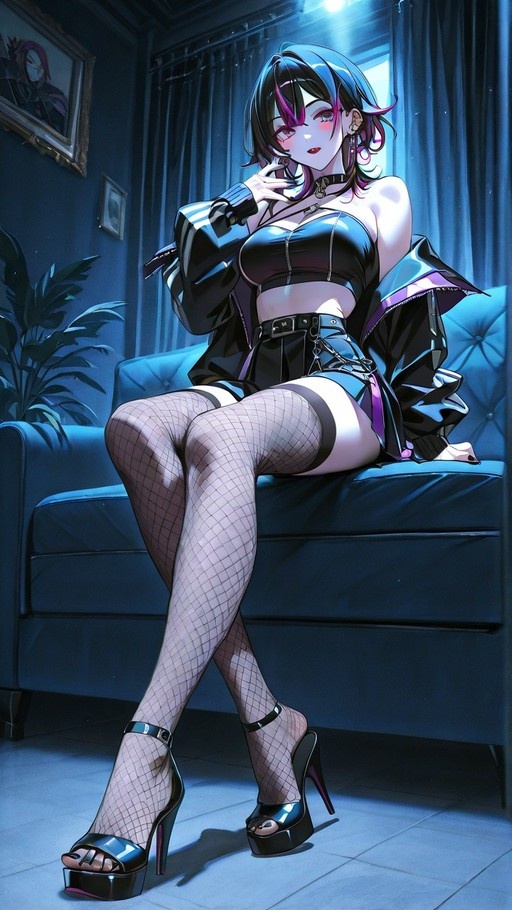 An anime-style young woman with short dark hair and pink streaks sits on a blue sofa wearing fishnet stockings and platform heels.