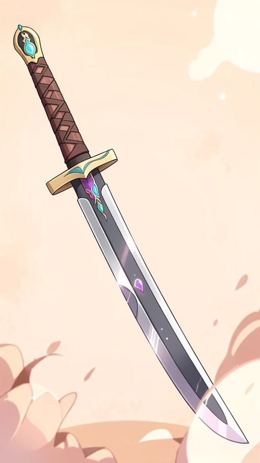 An ornate fantasy sword with a brown handle, gold guard, and blue and purple gems on the blade set against a peach background.