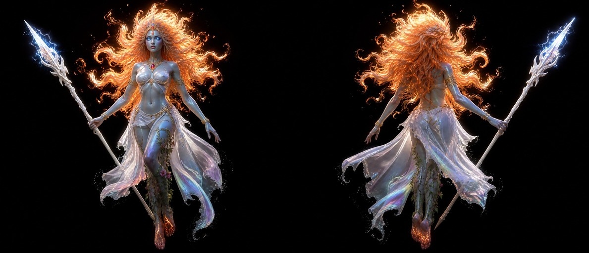 Front and back view of Cetrion with blue skin and fiery orange hair holding a glowing spear