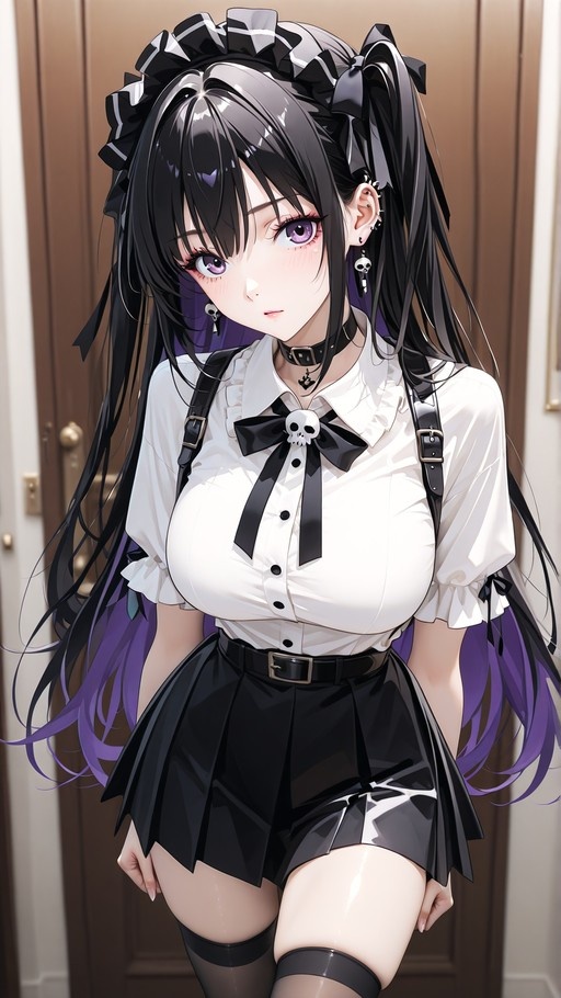 An anime-style portrait of a girl with long black and purple hair, wearing a white shirt, black skirt, suspenders, and a skull-adorned bow tie.