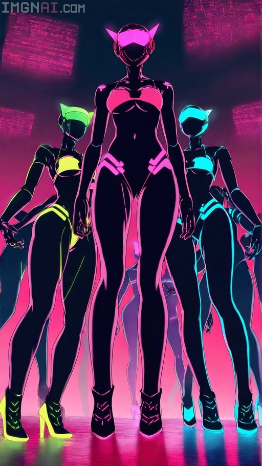 Low-angle shot of three faceless robotic women in sleek black bodysuits with pink, green, and blue neon accents, wearing high-heeled boots against a vibrant cyberpunk background.