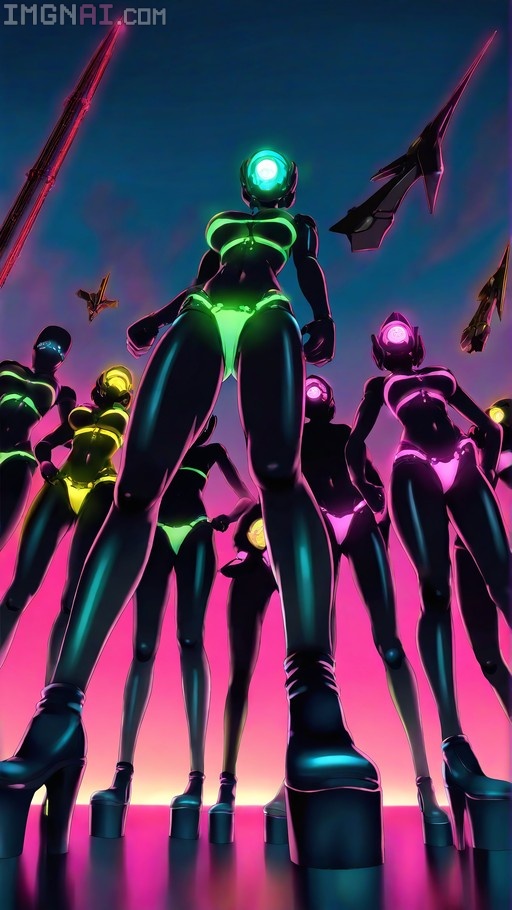Low-angle view of cyberpunk mecha girls in glowing neon bikinis and towering platform heels, featuring faceless helmets with single glowing visors.