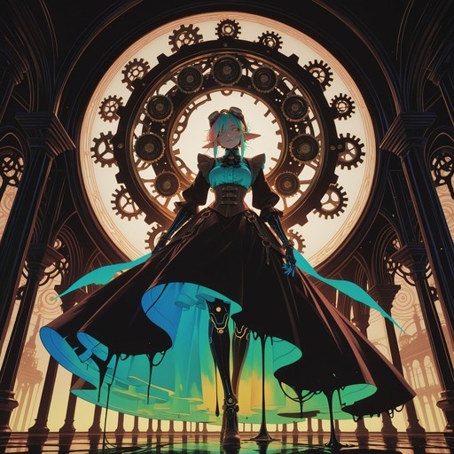 An anime-style elf girl with aqua hair and goggles stands in front of a large gear mechanism. She has mechanical arms and legs and wears a black dress that melts into liquid at the hem.