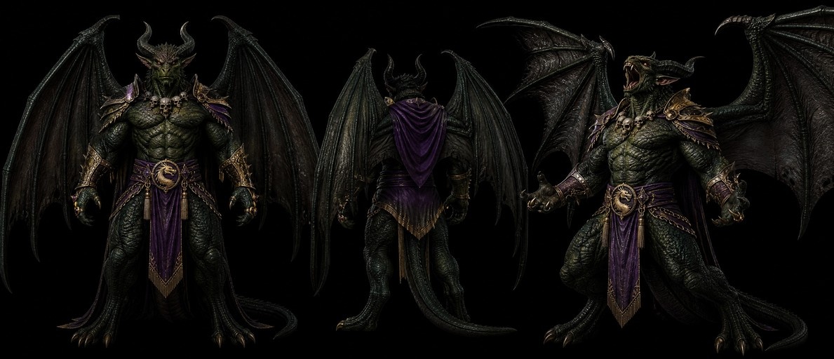 Three-view character design of a muscular green dragon man with black wings, horns, and purple armor accessories.