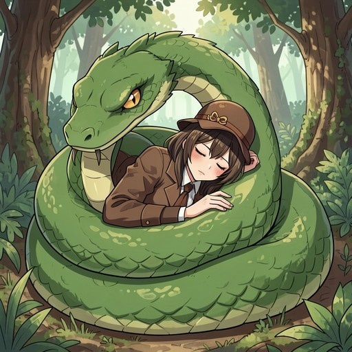 An anime-style illustration of a brown-haired girl in an explorer hat and jacket sleeping peacefully on the coils of a large green snake in a sunlit forest.