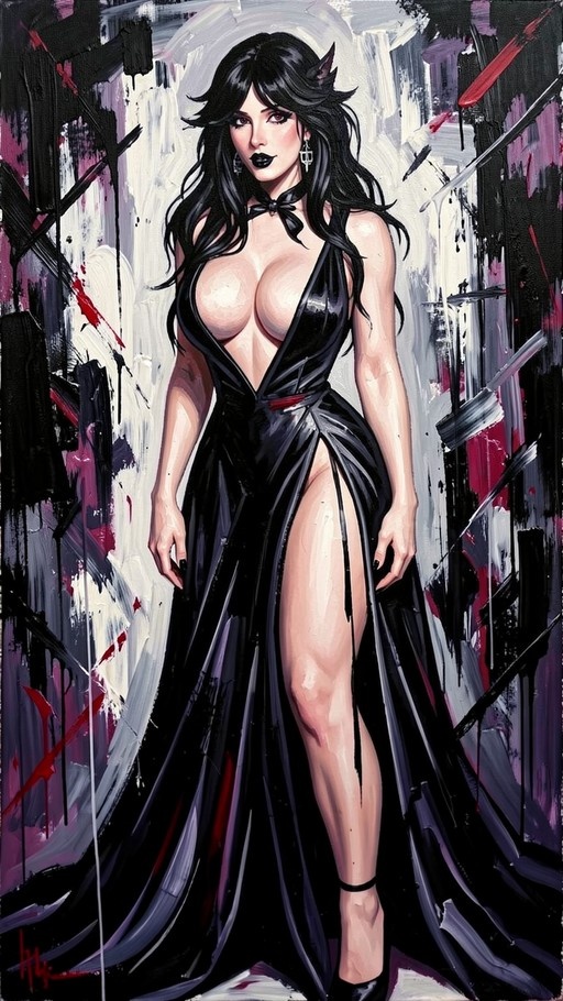 A pale woman with long black hair and pointed ears stands in a glossy black dress with a deep neckline and high slit against an abstract background of white, purple, and red brushstrokes.