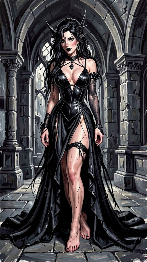 A full-body digital painting of a pale-skinned demoness with long black hair and horns, wearing a shiny black dress with a high slit and standing barefoot in a stone hallway.