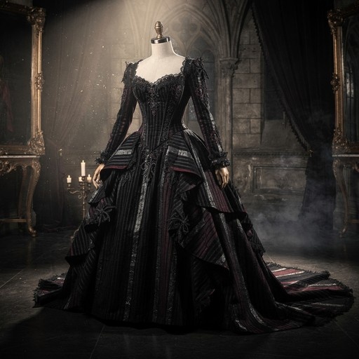 A headless mannequin wearing a detailed black gothic ballgown with long sleeves and red trim stands in a dimly lit room with candles and mirrors.