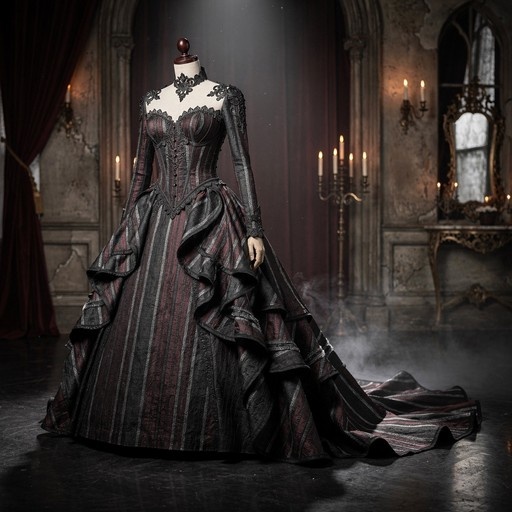 A headless mannequin wearing a long-sleeved gothic ballgown with vertical maroon and black stripes and ruffled layers, standing in a candlelit stone room.