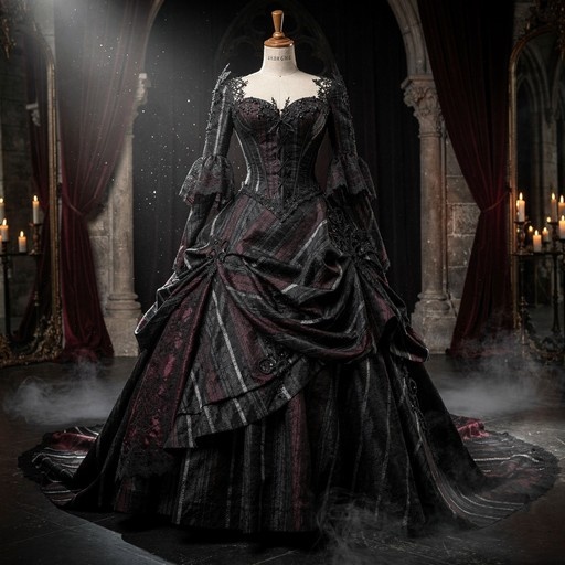 A headless mannequin wearing an elaborate black and maroon Gothic ballgown with lace bell sleeves stands in a misty, candle-lit hall.