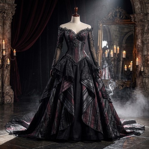 A headless mannequin wearing an elaborate black and red Victorian-style gown stands in a dimly lit stone room with candles and a large mirror reflecting the scene.