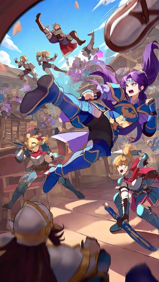 A female warrior with long purple hair and blue armor kicks through the air during a chaotic tavern brawl, while blonde knights in silver armor fight nearby amidst flying debris.