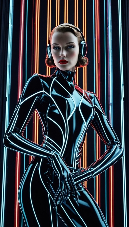 A woman with short wavy hair and red lips wears a shiny black bodysuit with glowing white lines and large headphones against a background of vertical neon lights.