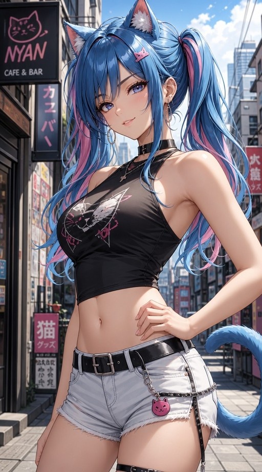An anime-style blue-haired catgirl with pink streaks and twintails stands on a sunny city street wearing a black crop top and white shorts.
