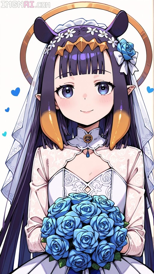 Ninomae Ina'nis wearing a white bridal gown and veil, holding a bouquet of blue roses with her signature tentacle hair and halo visible.