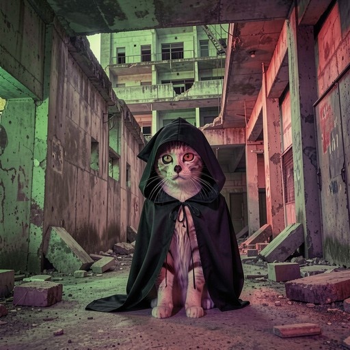 A cat with mismatched eyes wearing a black hooded cloak sits in the middle of a ruined concrete building.