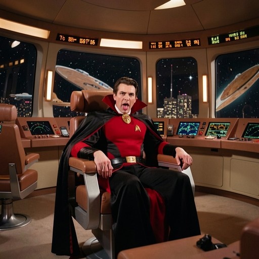 A man dressed as Captain Dracula sits in a captain's chair on a spaceship bridge, wearing a red uniform with a black cape and sticking his tongue out.
