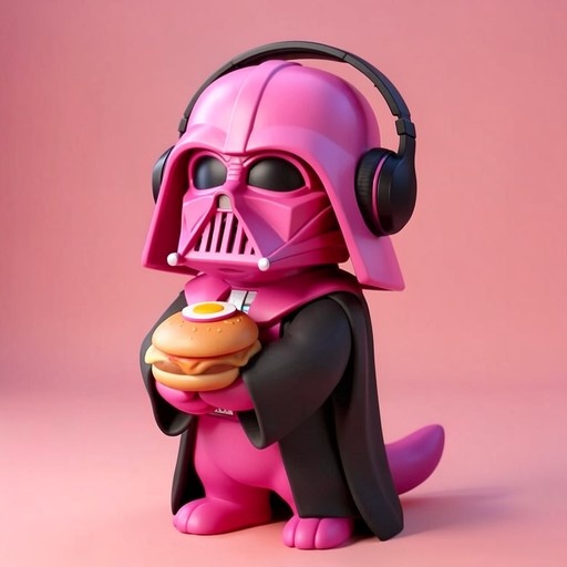 A pink chibi dinosaur wearing a Darth Vader helmet and headphones holding a hamburger with an egg on top against a pink background.