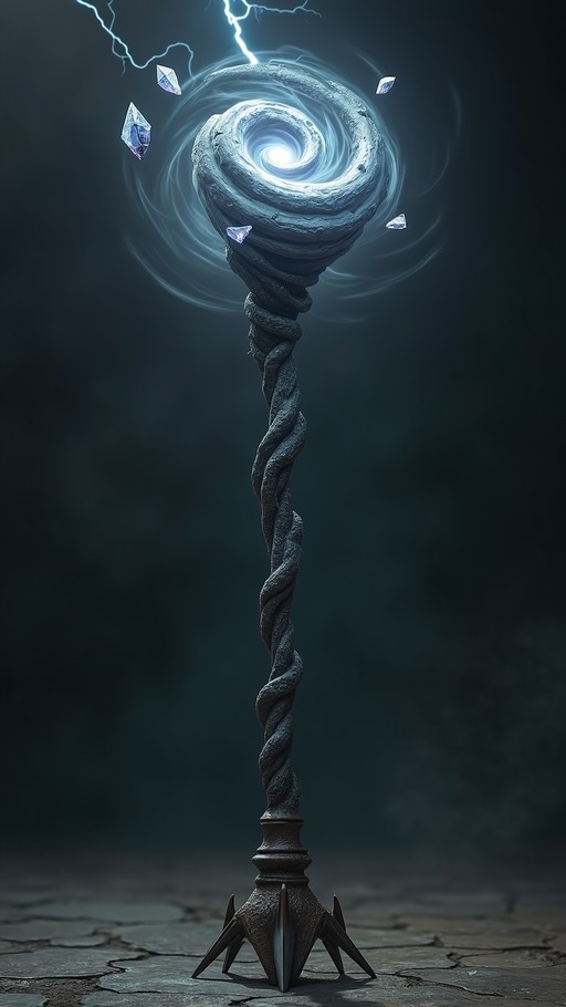 A dark twisted staff stands on cracked stone with a swirling light vortex at the top emitting lightning and floating crystals.