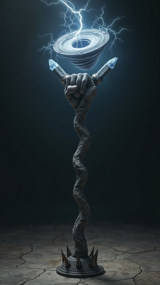 A large stone hand holds a twisted staff topped with a swirling blue lightning vortex against a dark background.