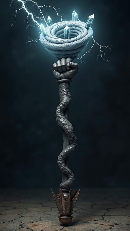A magical staff with a twisted shaft and swirling head holding blue crystals that emit lightning bolts, resting on cracked stone.