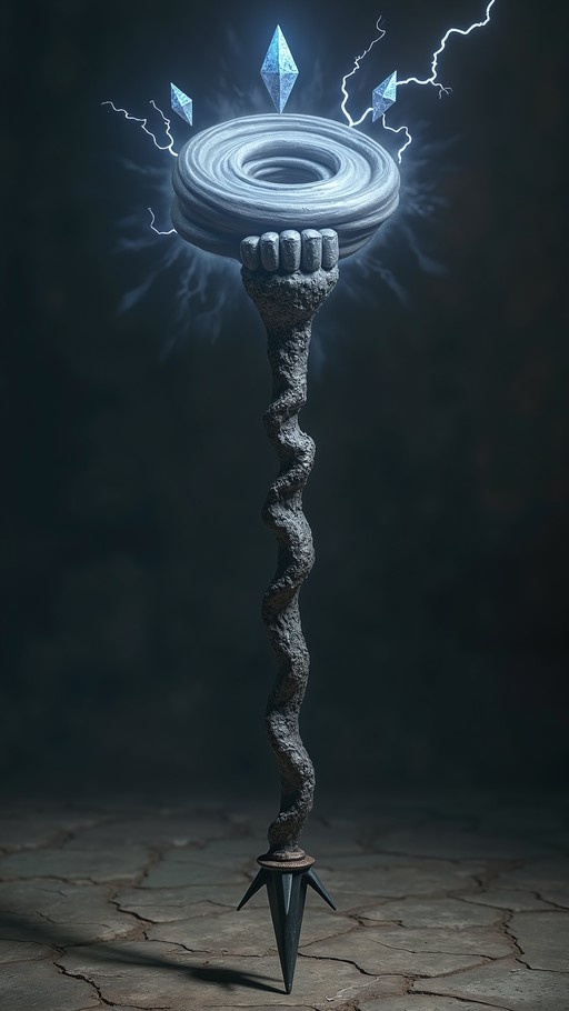 A twisted fantasy staff topped with a spiral ring of glowing blue crystals and lightning bolts, resting on cracked stone tiles.