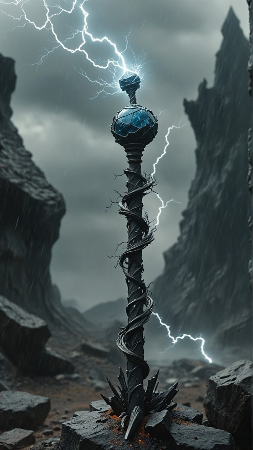 A dark twisted staff with a large blue crystal at the top is struck by lightning in a rainy, rocky canyon.