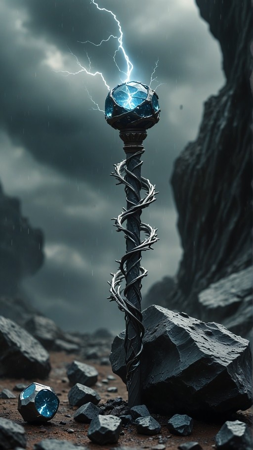A dark fantasy staff wrapped in thorns stands in a rocky canyon under a stormy sky, topped with a glowing blue crystal emitting lightning.