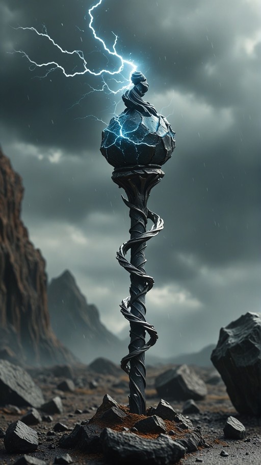 A twisted dark staff topped with a large, cracked blue crystal emitting lightning bolts stands in a rocky landscape under a stormy sky.