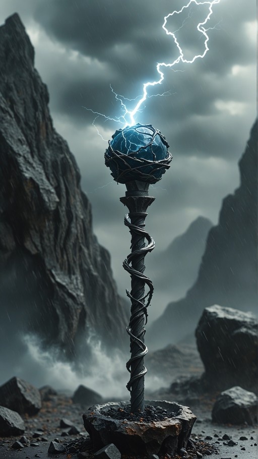 A dark fantasy staff topped with a blue crystal orb wrapped in thorns stands in a rocky landscape while lightning strikes the gem during a storm.