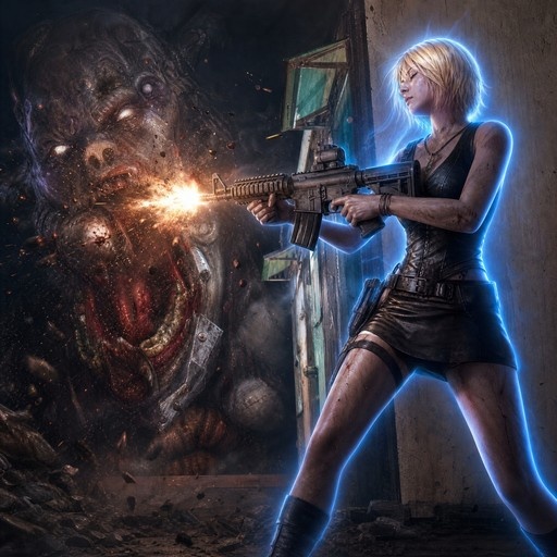A blonde woman in a black leather outfit fires an assault rifle at a large monster emerging from a wall.