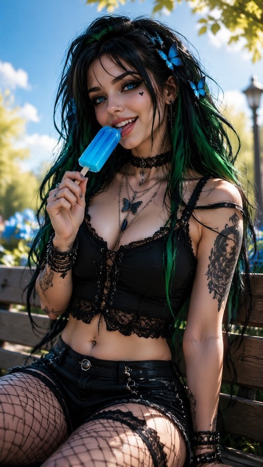 A young woman with long black and green hair wearing a black lace top and fishnet stockings sits on a wooden bench outdoors while eating a blue popsicle.